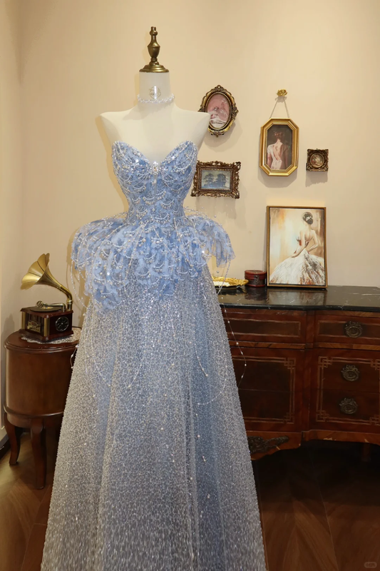 Stunning A Line Sweetheart Neck Blue Sequin Tulle Prom Dress Evening Dress DP2814