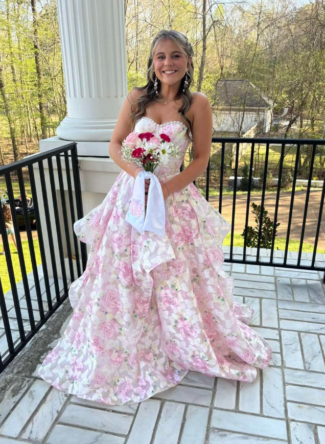Sweety Pink A Line Sweetheart Neck Print Floral Tulle Prom Dress Party Evening Dress DP6296
