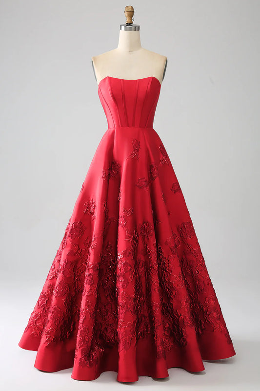 Elegant Princess A Line Strapless Red Satin Long Prom Dress DP1007