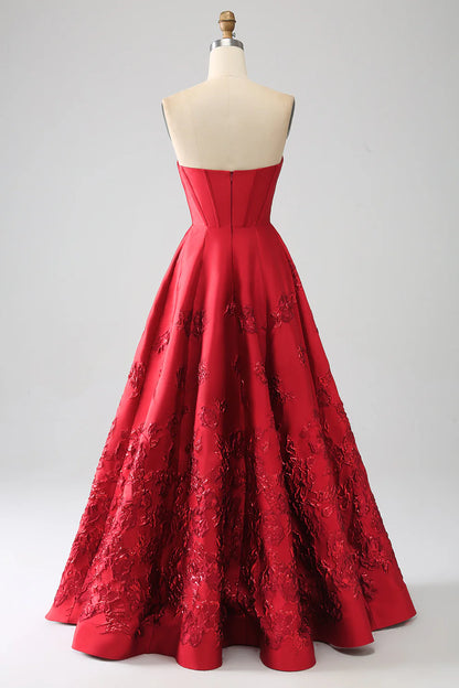 Elegant Princess A Line Strapless Red Satin Long Prom Dress DP1007