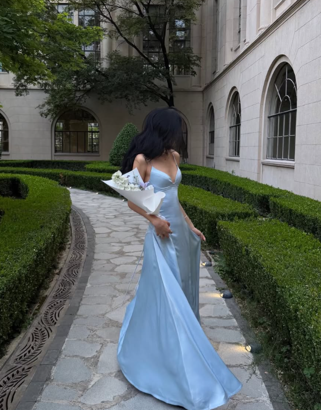 Pretty Blue A Line Spaghetti Strap Satin Long Prom Dress Evening Dress DP7977