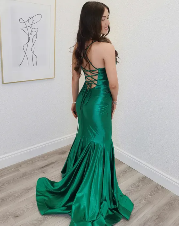 Sexy Emerald Mermaid Halter Satin Backless Prom Dress Evening Dress DP6583