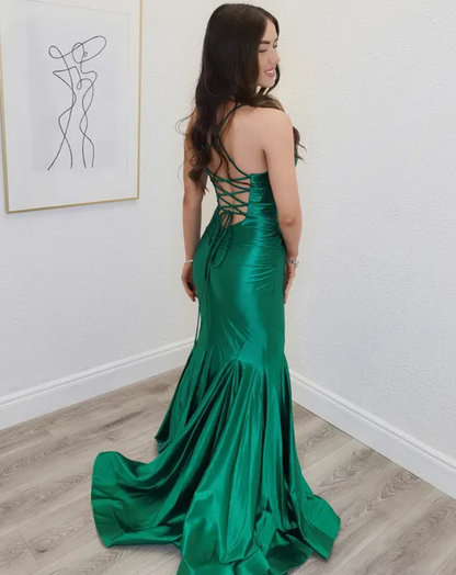 Sexy Emerald Mermaid Halter Satin Backless Prom Dress Evening Dress DP6583