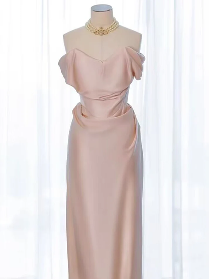 Strapless Pink Satin Sheath Long Prom Dress Evening Dress DP247