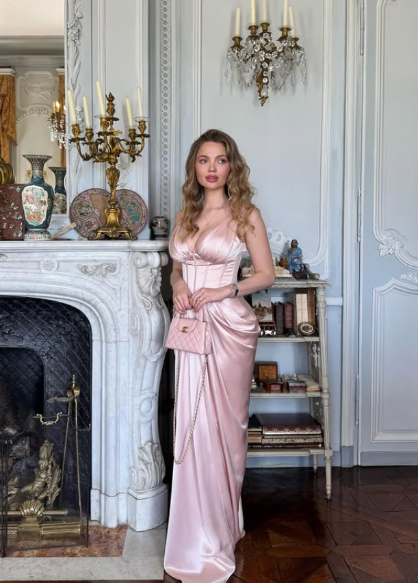 Gentle Pink Sheath V Neck Pleated Satin Long Prom Dress Party Dress DP6804