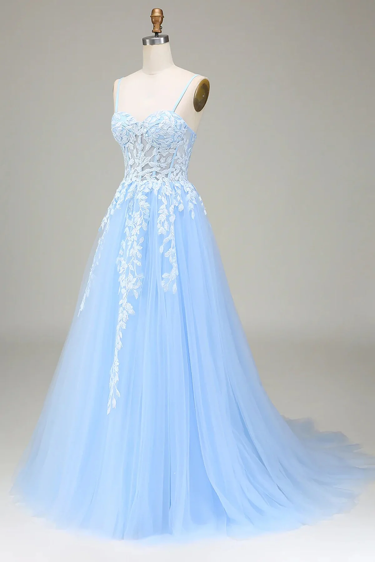 Elegant Blue With Lace Appliques Straps Party Dress Prom Dress DP218