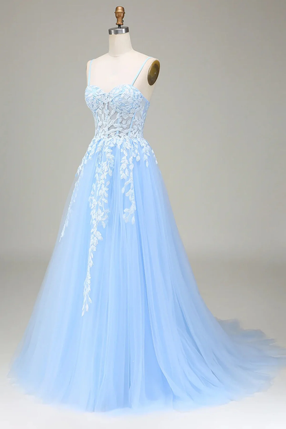 Elegant Blue With Lace Appliques Straps Party Dress Prom Dress DP218