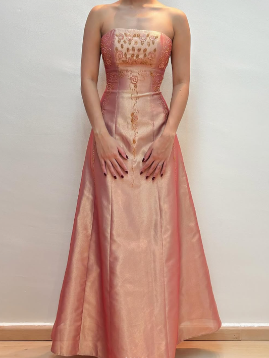 Vintage A Line Strapless Beaded Satin Prom Dress Evening Dress DP1671