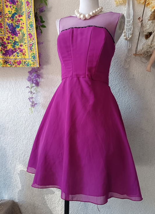 Vintage A Line Round Neck Hot Pink Tulle Satin Short Homecoming Dress Evening Dress DP1634