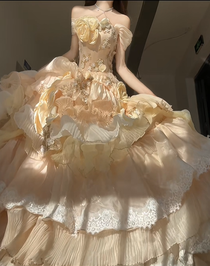 Cute Yellow Rose Ball Gown Off the Shoulder Beaded Satin Prom Dress 16th Birthday Dress DP4591