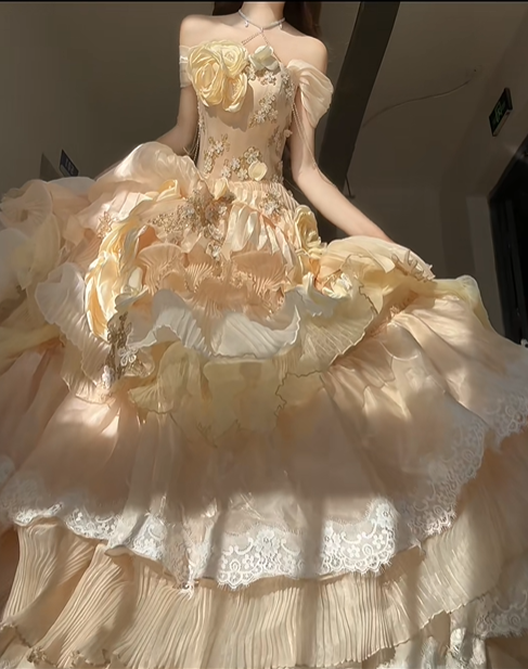 Cute Yellow Rose Ball Gown Off the Shoulder Beaded Satin Prom Dress 16th Birthday Dress DP4591