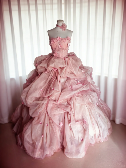 Pink Vintage Ball Gown Strapless Floral Layered Tulle Prom Dress Party Dress DP5010