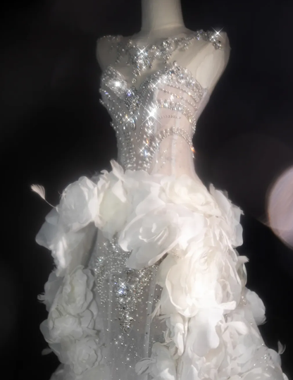 White Flower Exquisite Mermaid Rhinestone Tulle Strapless Prom Dress Evening Dress Party DressDP3100