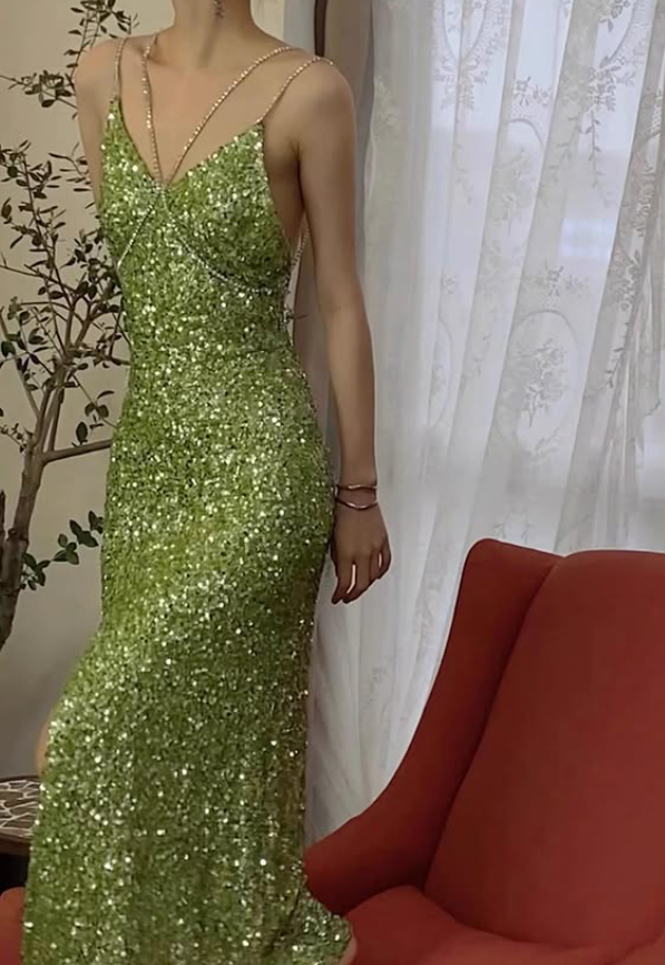 Shiny Green A Line Spaghetti Strap Sequin Long Prom Dress Evening Dress with Slit DP4812