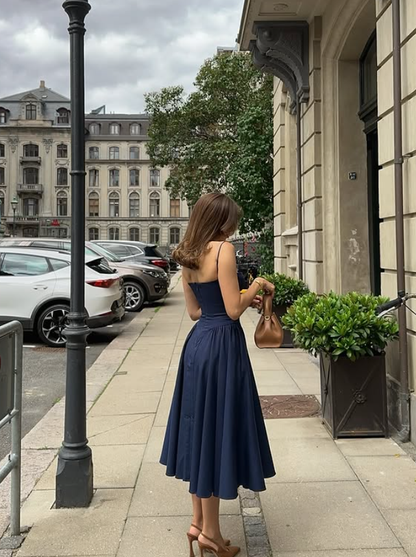 Simple Classic A Line Spaghetti Strap Navy Blue Satin Prom Dress Outfits DP6168