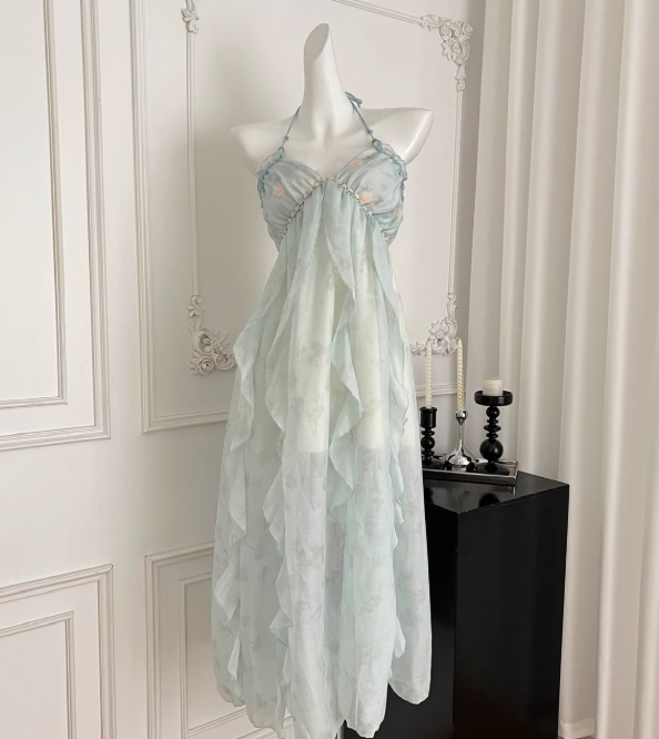 Flowy Blue A Line Halter Ruffle Chiffon Vacation Dress Homecoming Dress Outfits DP3546