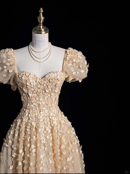 Cute A Line Puff Sleeve 3D Flower Champagne Tulle Long Prom Dress Graduation Prom Dress DP2011