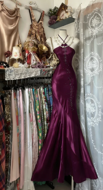 Vintage Blue Mermaid Long Prom Dresses Beaded Satin Evening Dresses Birthday Dresses DP4597
