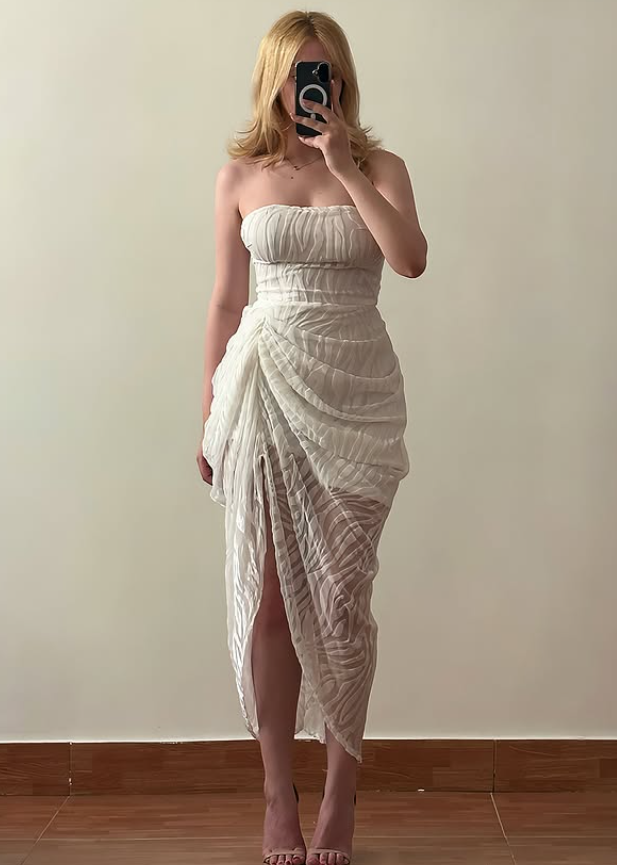 Vintage Unique Sheath Strapless White Tulle Prom Dress Evening Dress DP6411