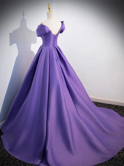 Purple Off Shoulder Satin Ball Gown Prom Dress DP531