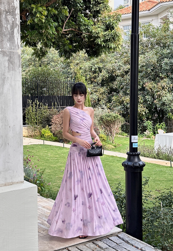 Purple Print Floral A Line One Shoulder Tulle Prom Dress Date Dress Outfits DP3456