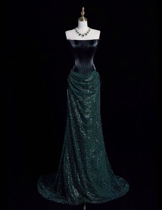 Fashion Dark Green Sequins Long Prom Dress,Strapless Mermaid Evening Dress DP744