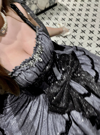 Stunning Black Bow A Line Sequin Lolita Goth Boning Dress Prom Dress DP4506