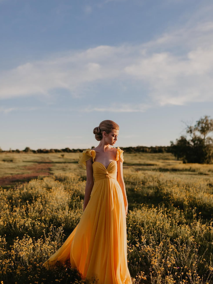 Charming A Line Straps Yellow Chiffon Long Party Dress Evening Dress DP2347