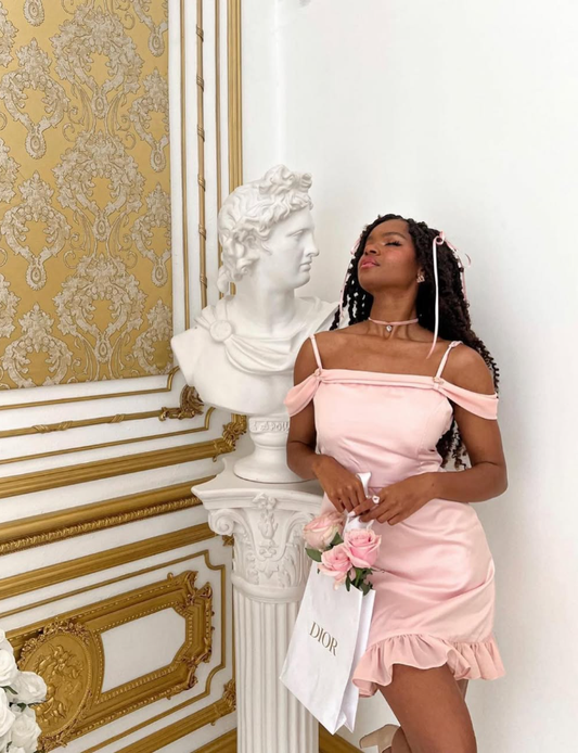 Peach Pink A Line Off the Shoulder Chiffon Satin Short Homecoming Dress Cocktail Dress DP3166