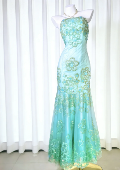 Dreamy Blue Vintage Mermaid Strapless Beaded Tulle Prom Dress Party Dress DP5009