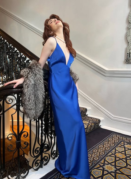 Royal Blue Sheath Spaghetti Strap Satin Prom Dress Date Dress DP4289