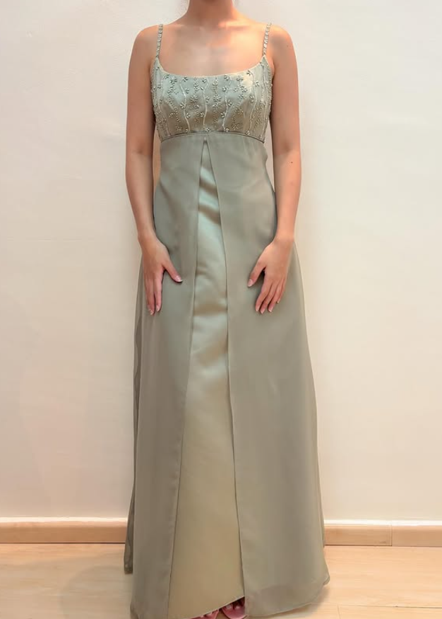 Vintage Sage Green A Line Beaded Tulle Satin Prom Dress Evening Dress Date Dress DP5277
