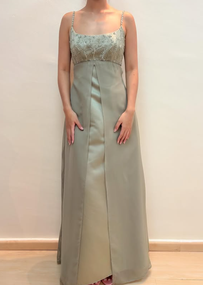 Vintage Sage Green A Line Beaded Tulle Satin Prom Dress Evening Dress Date Dress DP5277