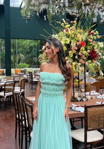 Cyan-blue A Line Strapless Beaded Tulle Prom Dress Evening Dress Date Dress DP6195