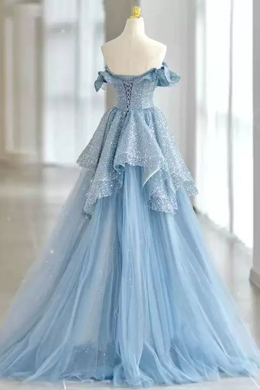 Sky Blue Off the Shoulder Sequins Tulle Prom Dress Sparkly Long Party Gown DP334