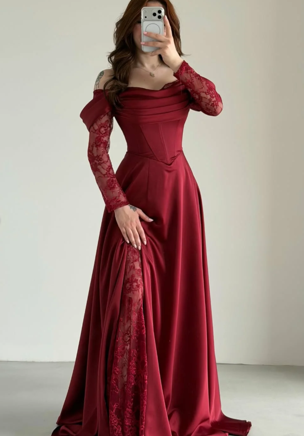 Elegant Burgundy A Line Long Sleeve Lace Satin Prom Dress Evening Dress DP5631