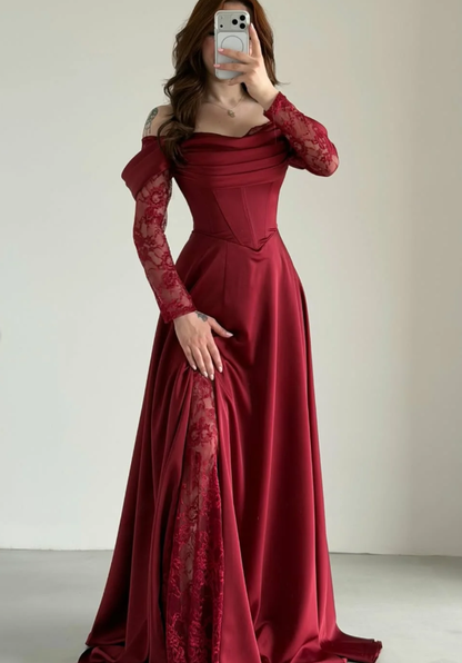 Elegant Burgundy A Line Long Sleeve Lace Satin Prom Dress Evening Dress DP5631