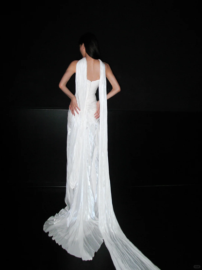 Unique Sheath Strapless White Pleated Satin Slit Long Wedding Dress DP6372
