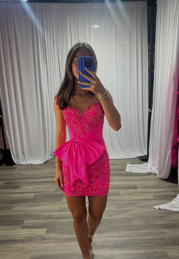 Hot Pink Sheath Sweetheart Neck Sequin Tulle Short Prom Dress Homecoming Dress DP7128