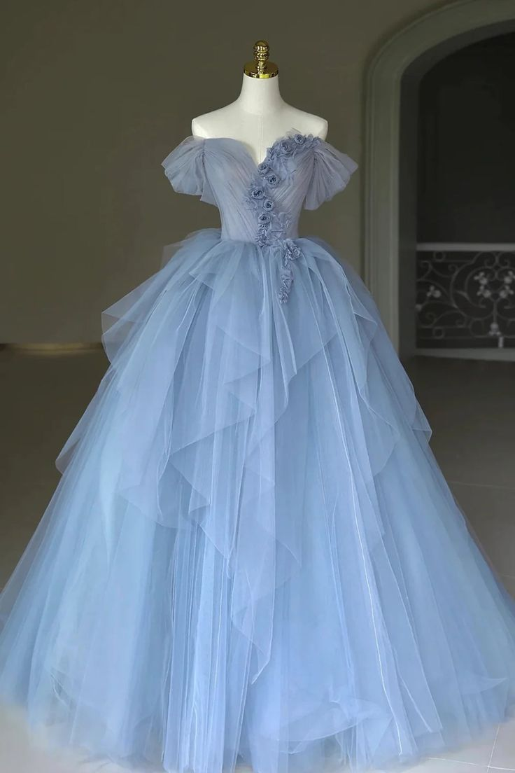 Off the Shoulder Blue Tulle Long Prom Dress Formal Evening Dress Quinceanera Dress DP335