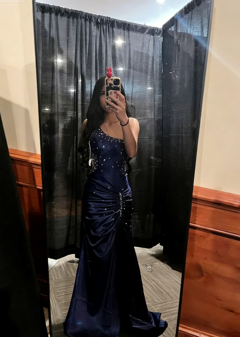 Vintage Purple A Line One Shoulder Pleated Beaded Satin Long Formal Prom Dress Evening Dress DP3073