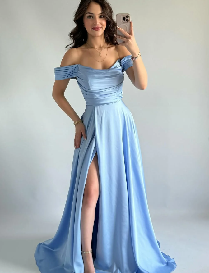 Simple Baby Blue A Line Off the Shoulder Satin Slit Prom Dress Evening Dress DP5260