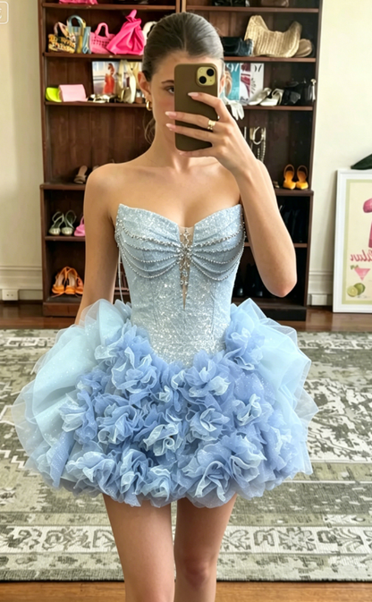 Gorgeous A Line Strapless Rhinestone Sequin Tulle Short Homecoming Dress Cocktail Dress DP2641