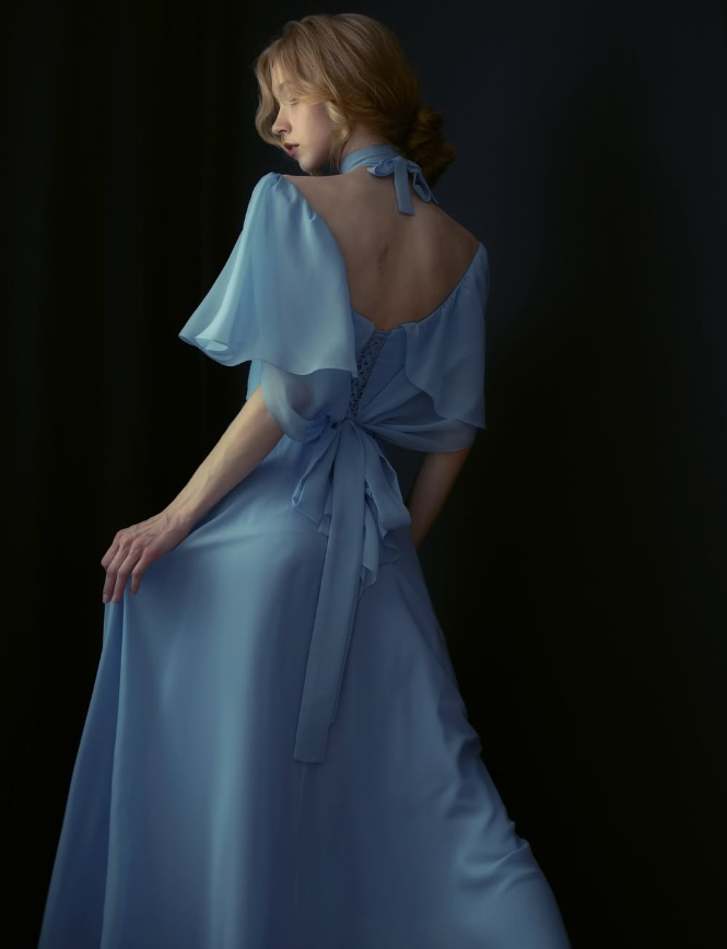 Flowy Chambray Blue A Line Long Sleeve Prom Dress Evening Dress Formal Dress DP3153