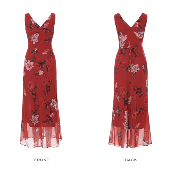 Vintage A Line V NecK Print Floral Red Chiffon Prom Dress Vacation Dress Outfits DP3654