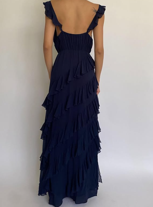 Navy Blue Sheath Spaghetti Strap Layered Chiffon Prom Dress Party Dress DP3687