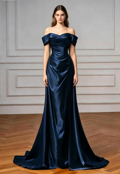 Elegant Mermaid Off the Shoulder Navy Blue Satin Long Prom Dresses Evening Gowns DP4209