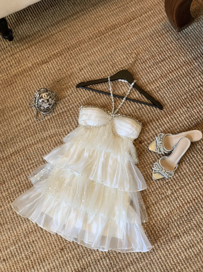 Shiny Rhinestone A Line Halter Layered Tulle Short Prom Dress Homecoming Dress DP5452