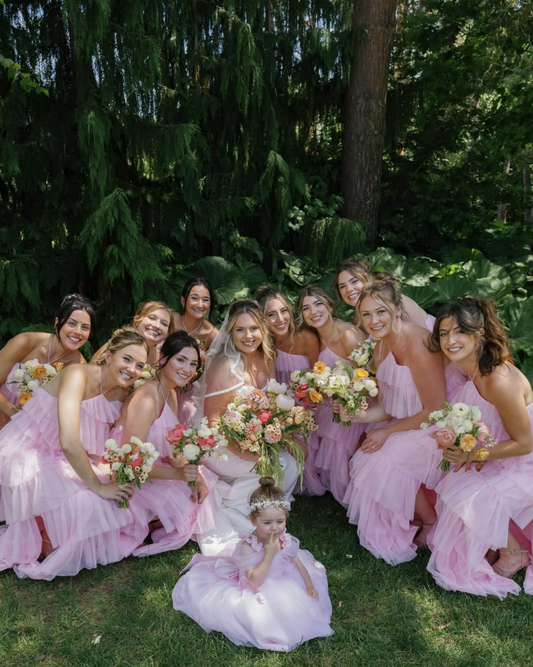 Sweety Pink A Line Halter Layered Tulle Long Bridesmaid Dress with Slit DP4967