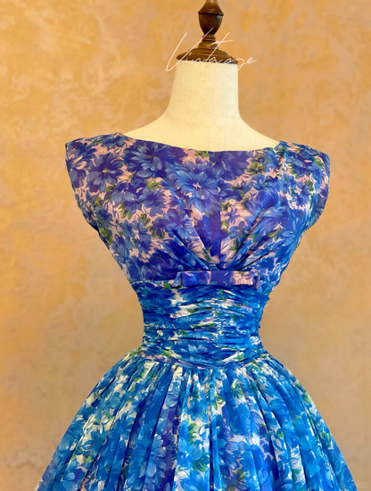 Vintage Cute A Line Round Neck Print Floral Blue Chiffon Prom Dress 16th Birthday Dress Outfits DP4140